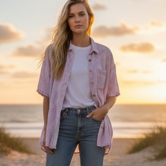 Kulani Kinis Tops - Kulani Kinis Relaxed Linen Button Front Shirt Hibiscus Haze Medium